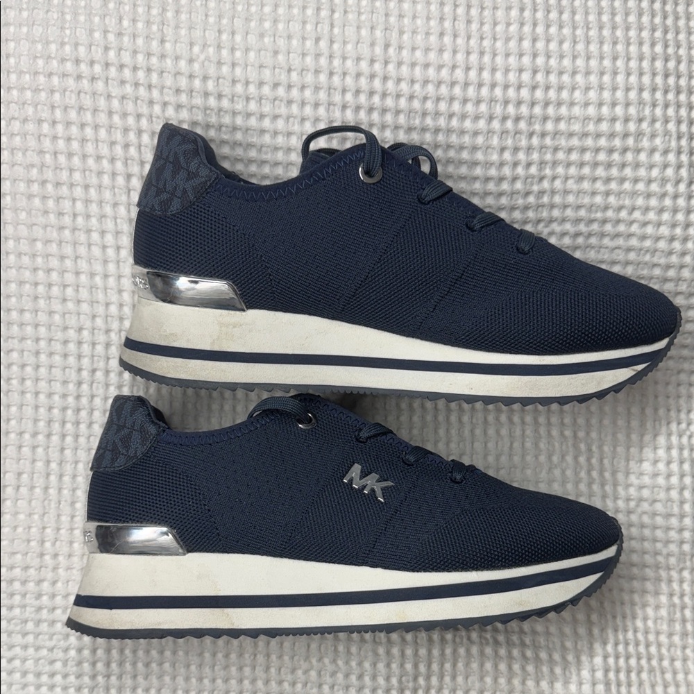 Michael Kors Men's Navy Knit MK Logo Sneakers - Size 7.5